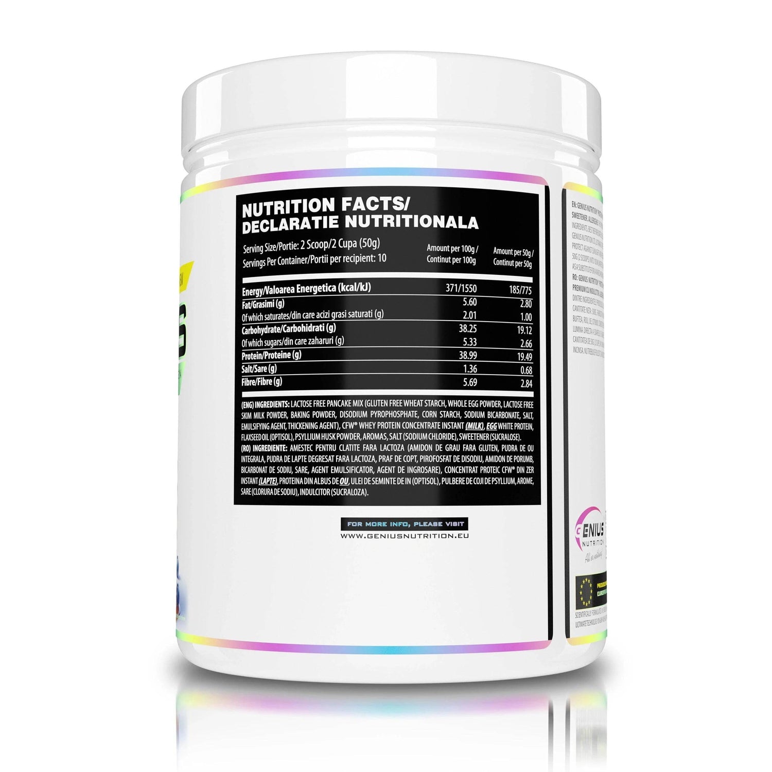 Genius Nutrition Protein Pancakes 500g box with nutrition facts label, energy supplement for breakfast or post-workout.