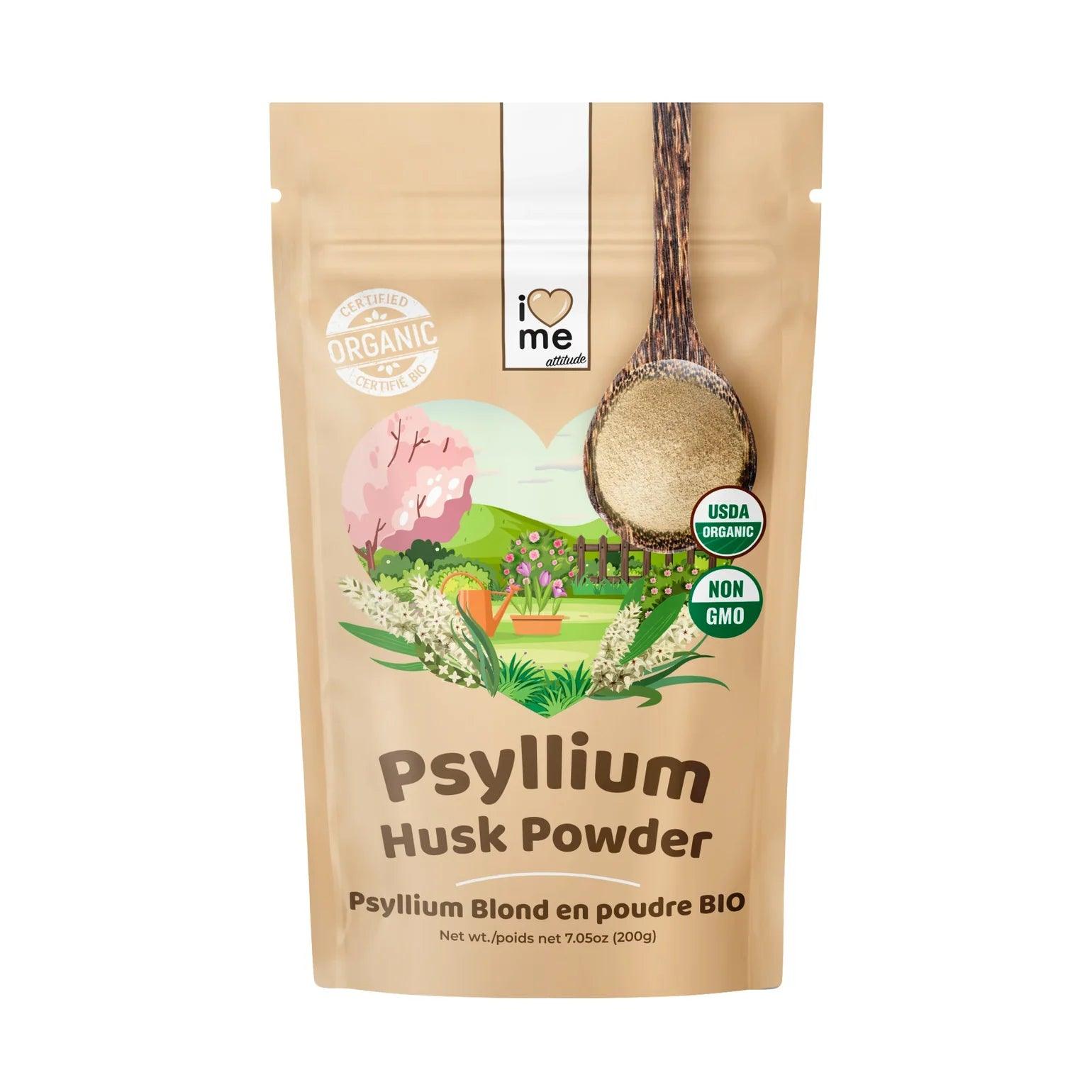 Organic I LOVE ME Psyllium blond powder in a 200g package, showing the light, fine ground texture of the dietary fiber supplement.