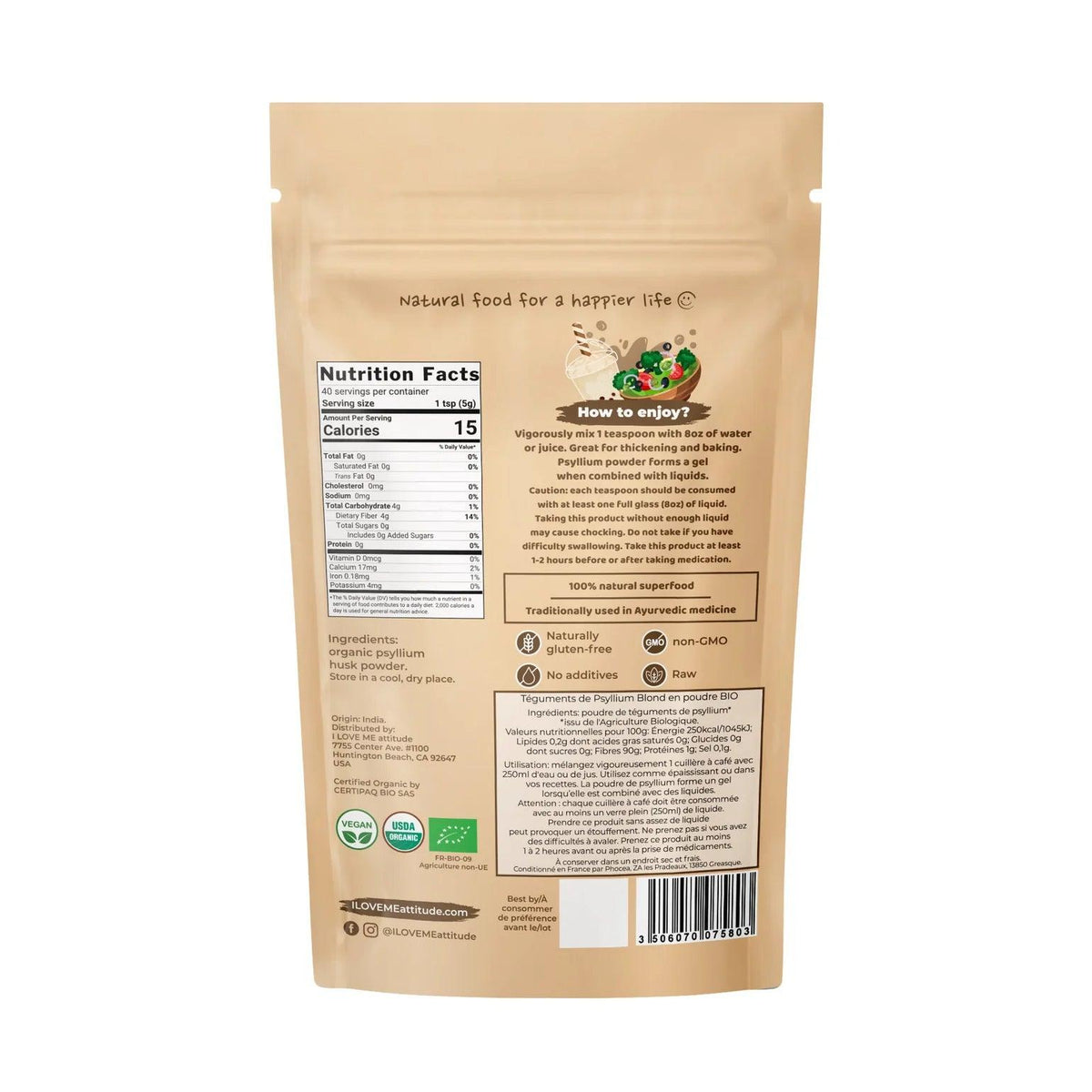 Bio blond psyllium powder by ILOVEME in a 200g package, showing the light-colored, fine ground psyllium in a resealable bag.