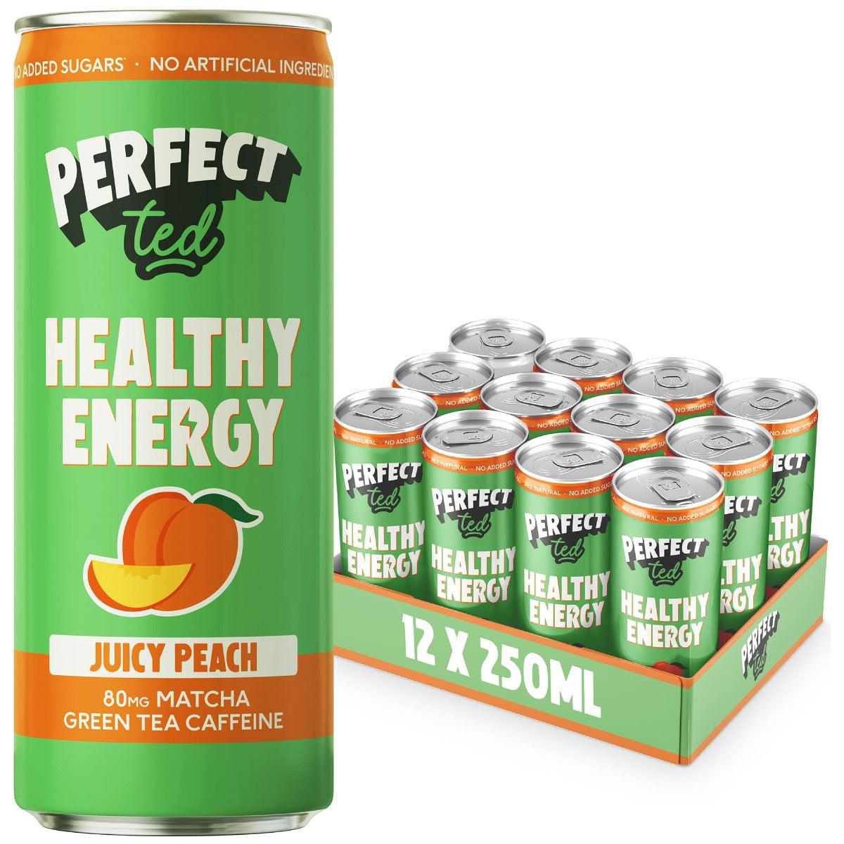 Herbalistas PerfectTed Ceremonial Matcha Energy Drink with Juicy Peach in a 250ml can, vibrant peach flavor and colorful branding.