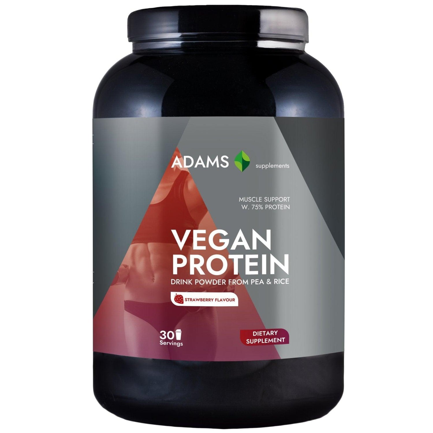 Vegan protein powder by Adams Supplements, 908g jar, pink strawberry flavor, smooth powder in a clear container.