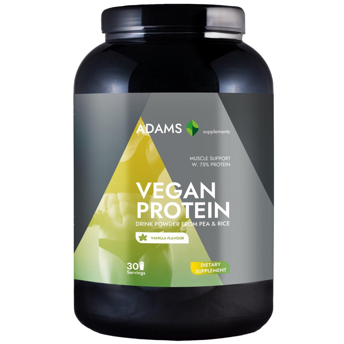 Vegan protein powder by Adams Supplements in a 908g container, vanilla flavor, powdered supplement for plant-based nutrition.