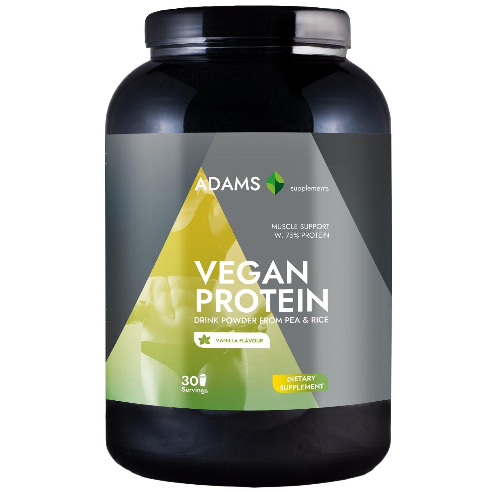 Vegan protein powder by Adams Supplements in a 908g container, vanilla flavor, powdered supplement for plant-based nutrition.