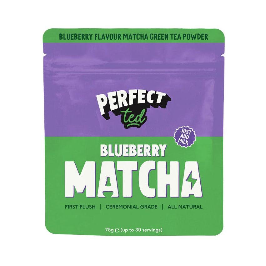 Herbalistas PerfectTed ceremonial grade blueberry matcha powder in a 75g container, vibrant blue-green powdered tea with blueberries.