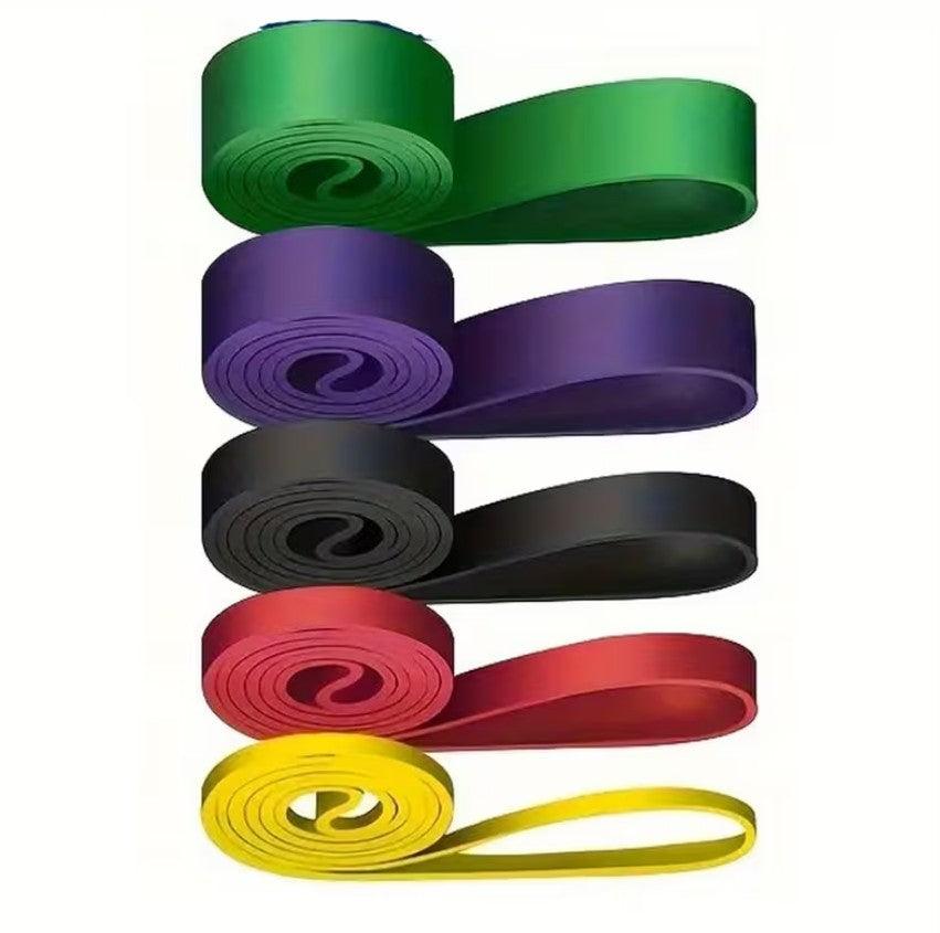 Set of four and five stackable resistance bands from TEMU, showing colorful elastic fitness equipment for home workouts.
