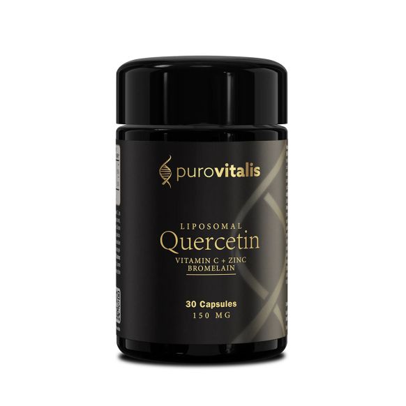 Herbalistas Purovitalis Liposomal Quercetin supplement bottle with 30 capsules, showing the product label and capsules inside.