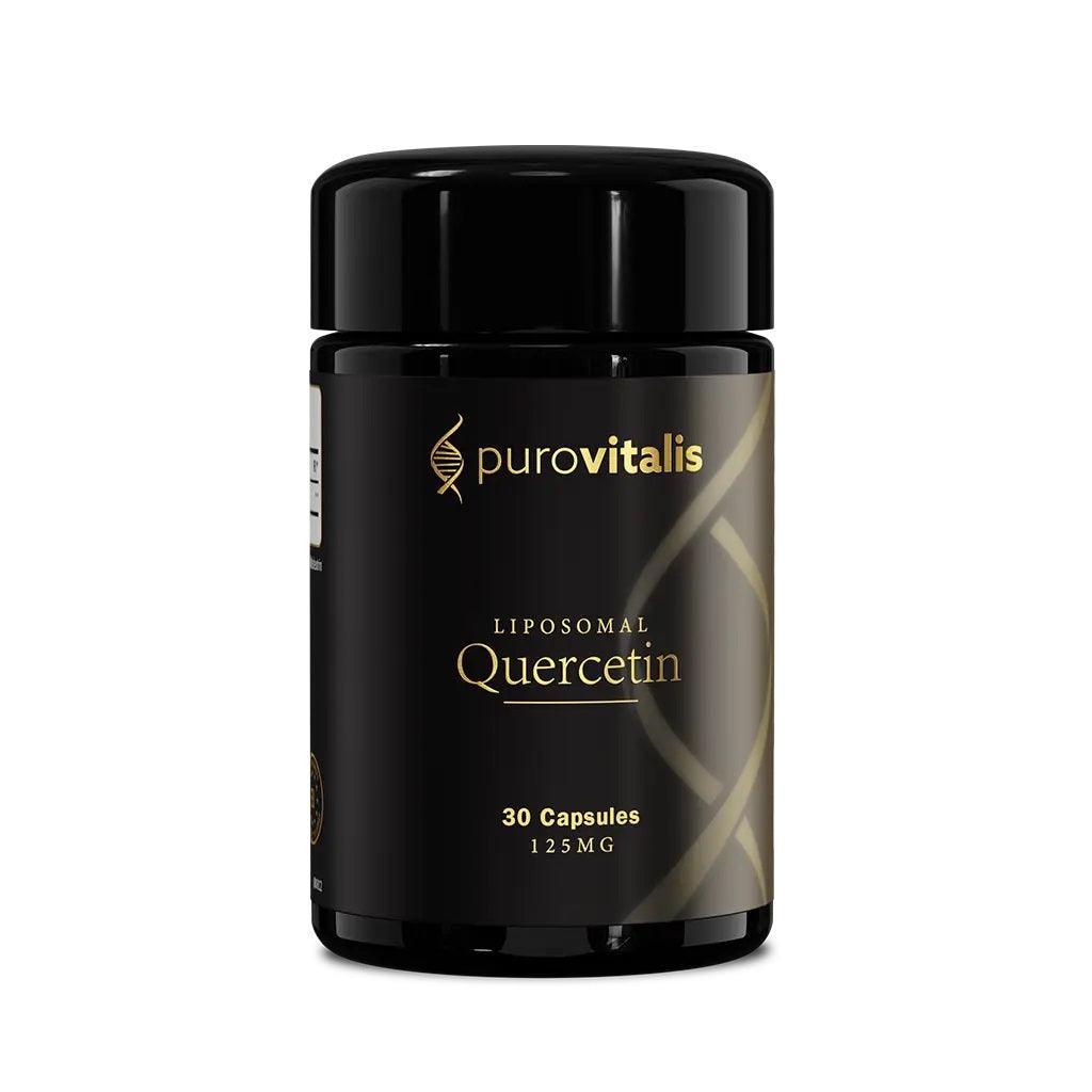 Liposomal Quercetin supplement by Herbalistas with 30 vegan capsules, shown in a bottle alongside capsules.