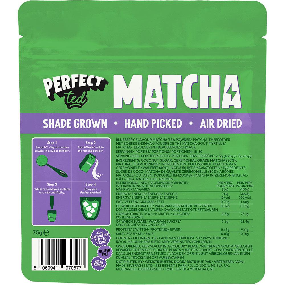 Herbalistas PerfectTed ceremonial grade blueberry matcha powder in a 75g container, vibrant blue-green matcha with blueberry flavor.