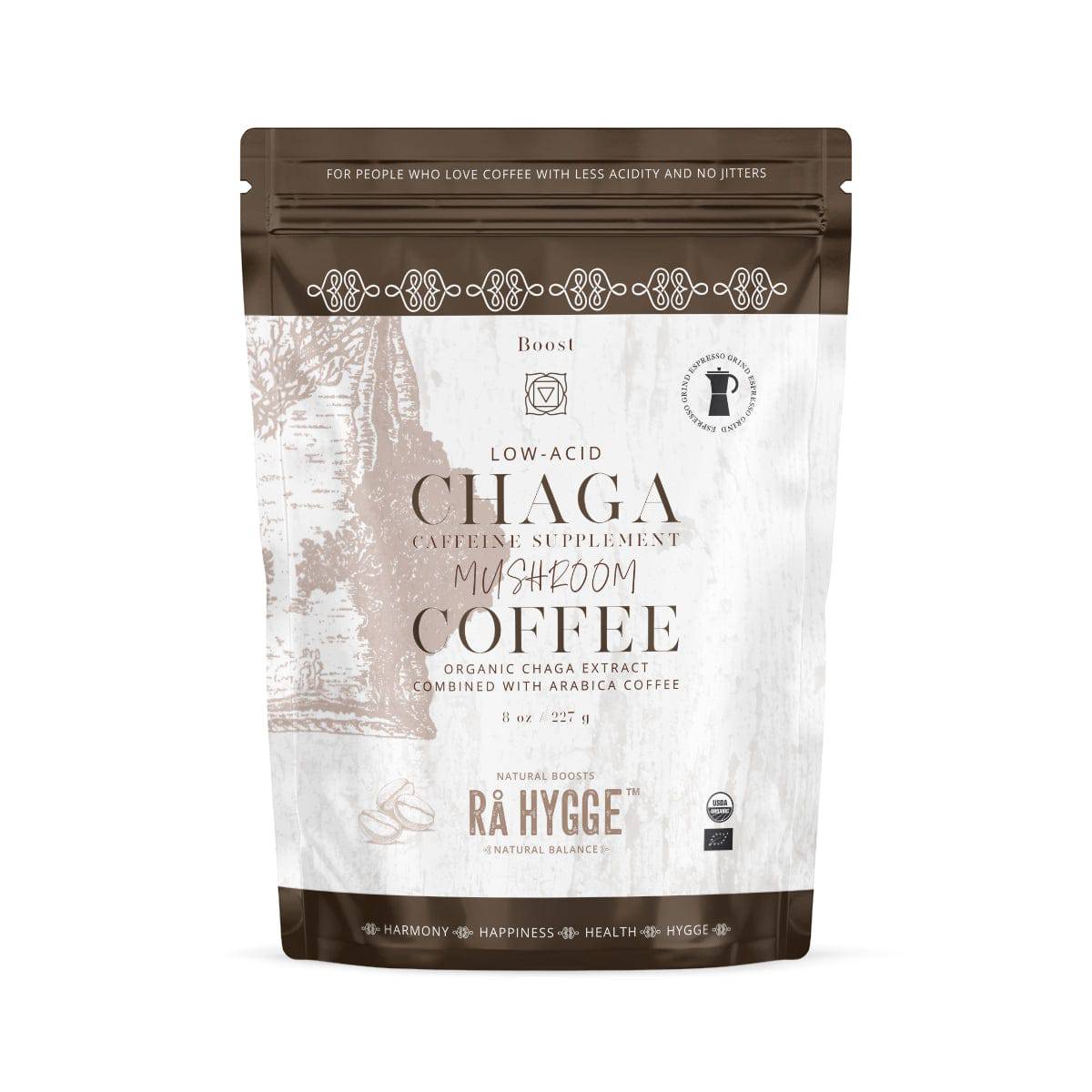 Old Products Rå Hygge BIO Chaga Mushroom Coffee espresso ground in 227g doypack with natural coffee and mushroom blend.