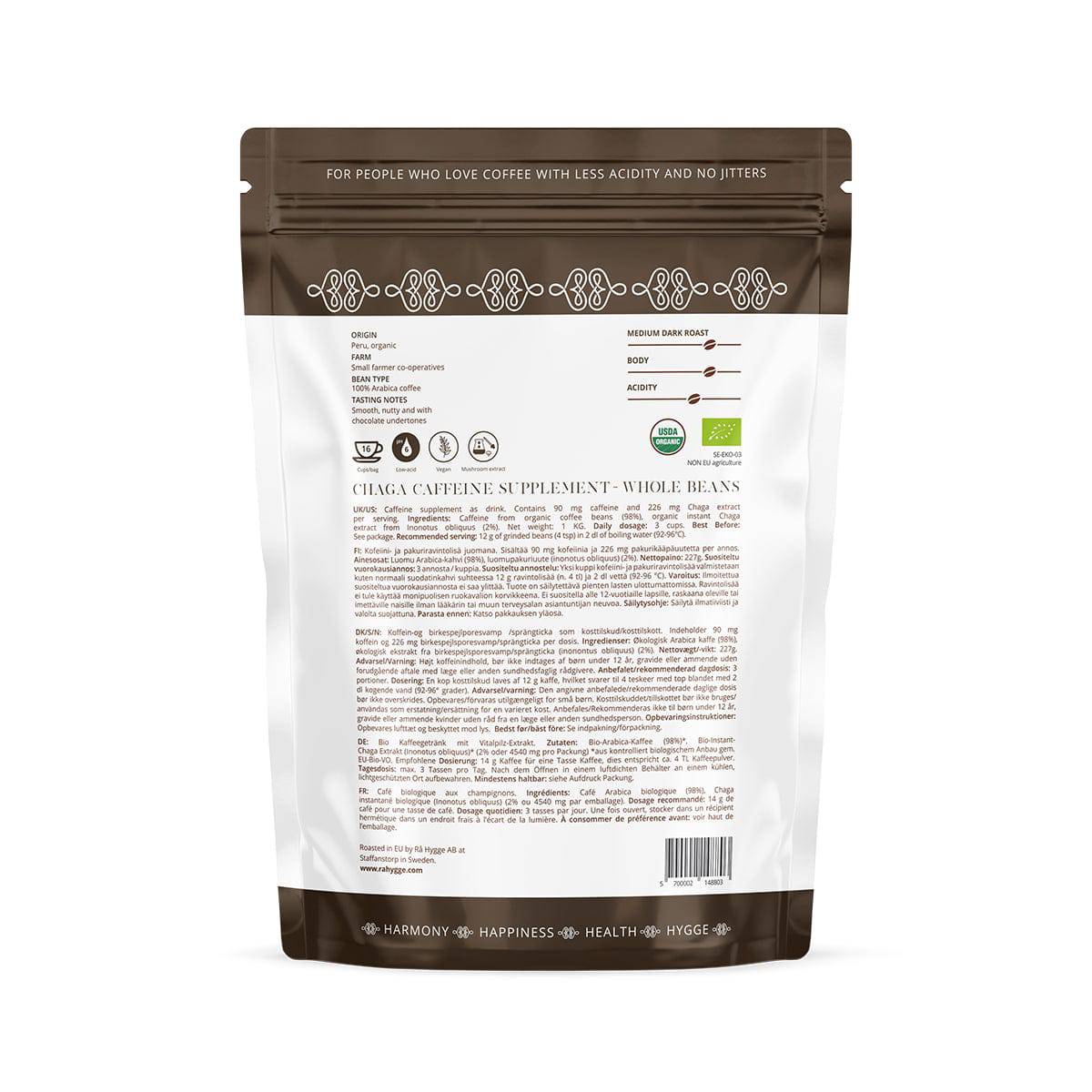 Bag of OLD PRODUCTS Rå Hygge BIO Chaga Mushroom Coffee, ground filter coffee in a 227g doypack with fresh whole beans back view.