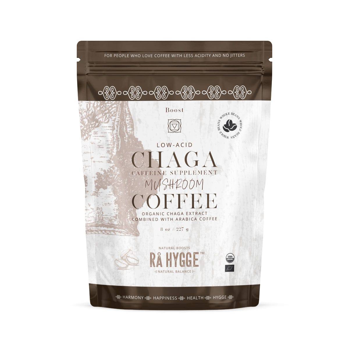 OLD PRODUCTS Rå Hygge BIO Chaga Mushroom Coffee whole beans in a 227g doypack bag, showing the packaging and beans inside.