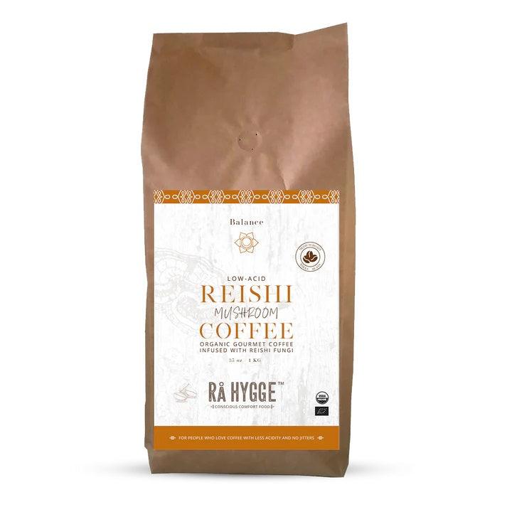 Herbalistas Rå Hygge BIO Reishi Mushroom Coffee whole beans in a 1kg doypack, rich and aromatic coffee with Reishi mushroom extract.