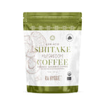 Herbalistas Rå Hygge BIO Shiitake Mushroom Coffee whole beans in 227g doypack, showcasing the packaging and coffee beans.