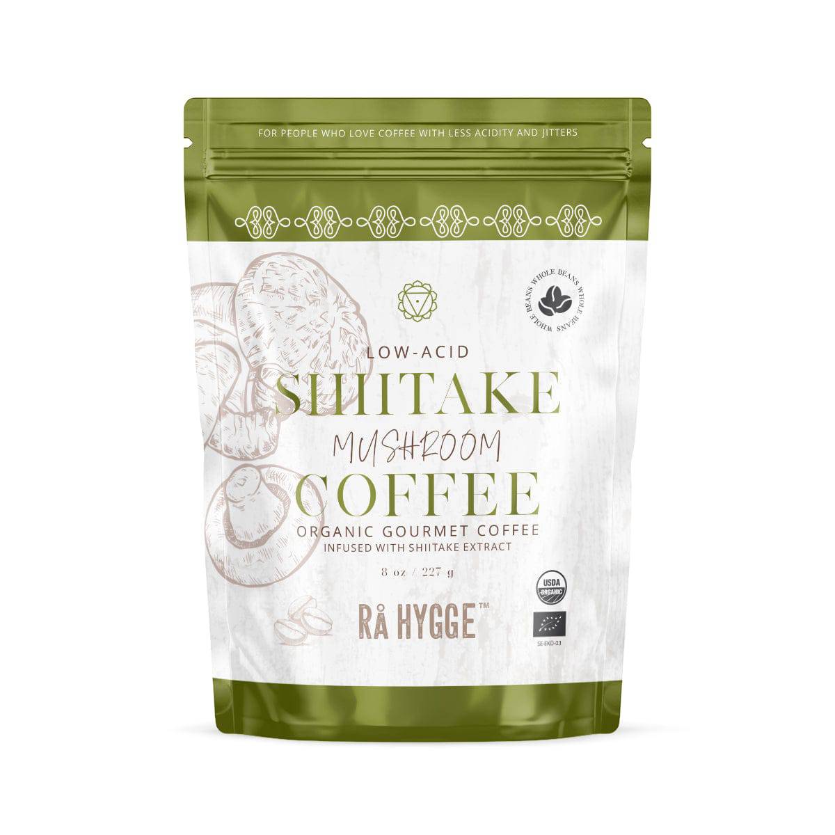 Herbalistas Rå Hygge BIO Shiitake Mushroom Coffee whole beans in 227g doypack, showcasing the packaging and coffee beans.