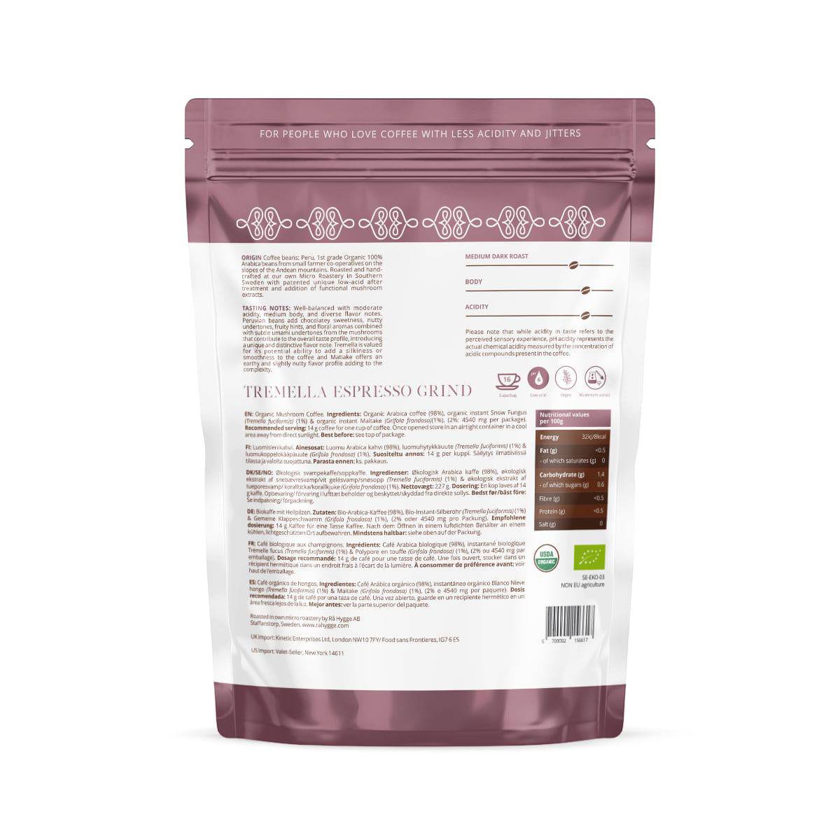 Herbalistas Rå Hygge BIO Tremella and Maitake Mushroom Coffee, espresso ground in a 227g doypack, natural wellness coffee blend