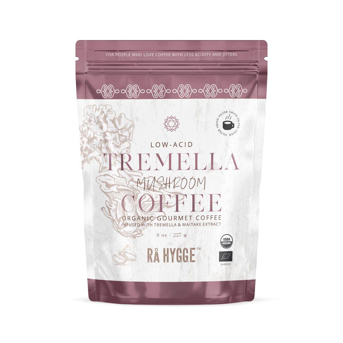 Herbalistas Rå Hygge organic Tremella and Maitake mushroom coffee in a filter ground 227g doypack on a white background.