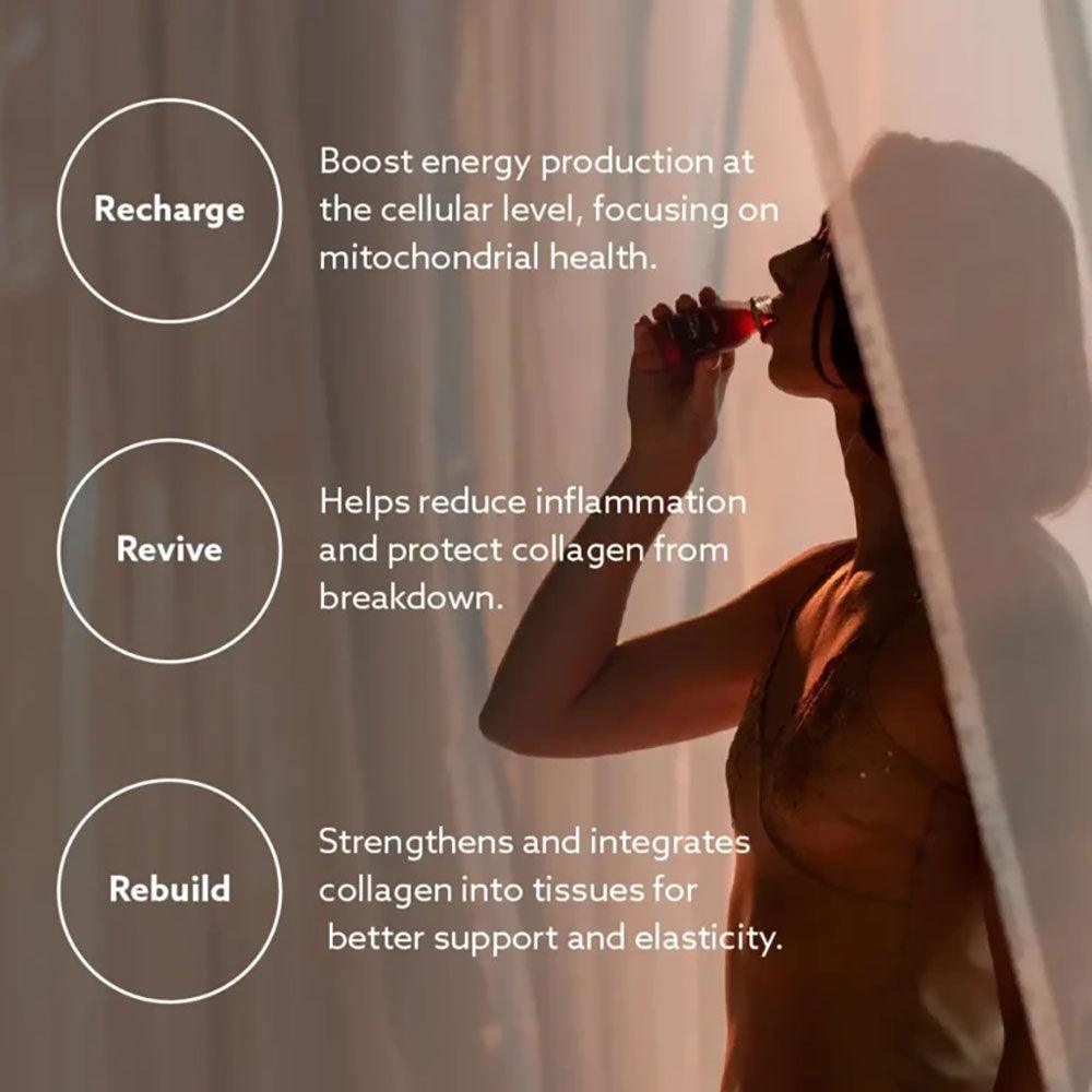 Herbalistas Purovitalis REWIND Liquid Collagen supplement in 60ml bottles, featuring a vibrant, health-focused design on the label.