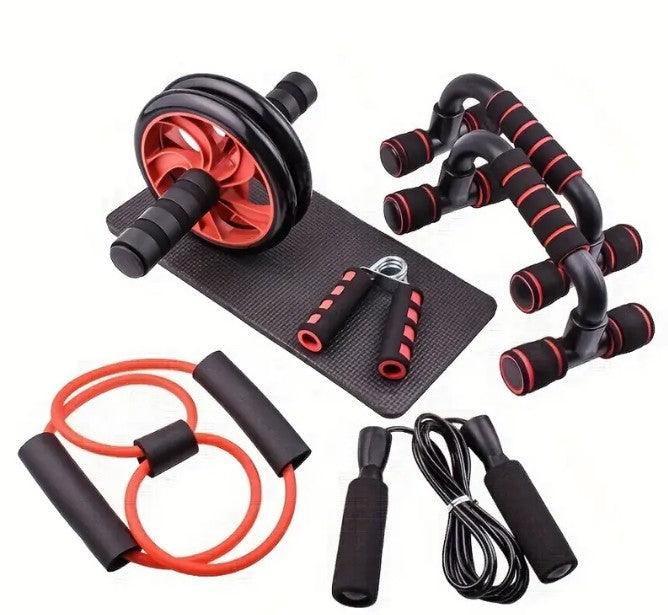 Red workout accessories including a push-up stand, ab wheel, mini mat, resistance band, jump rope, and hand gripper from TEMU.