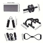 Red 7-piece TEMU abs workout set including push-up stand, ab wheel, resistance band, jump rope, mini mat, and hand gripper.