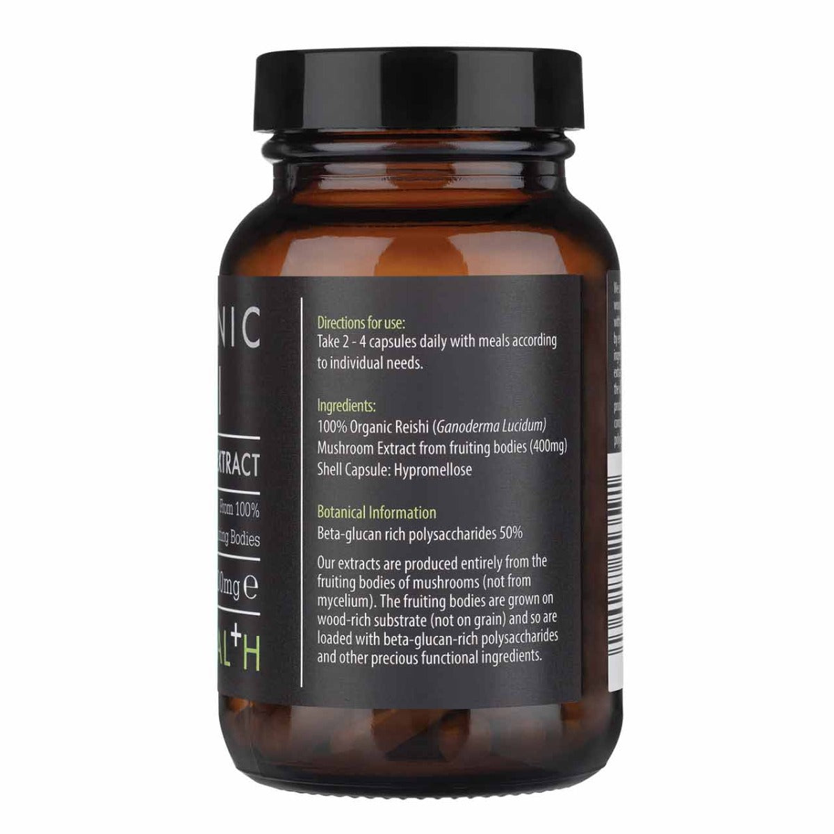 Herbalistas Kiki Health organic reishi mushroom supplement in 60 veggie capsules, showing the supplement bottle and capsules.