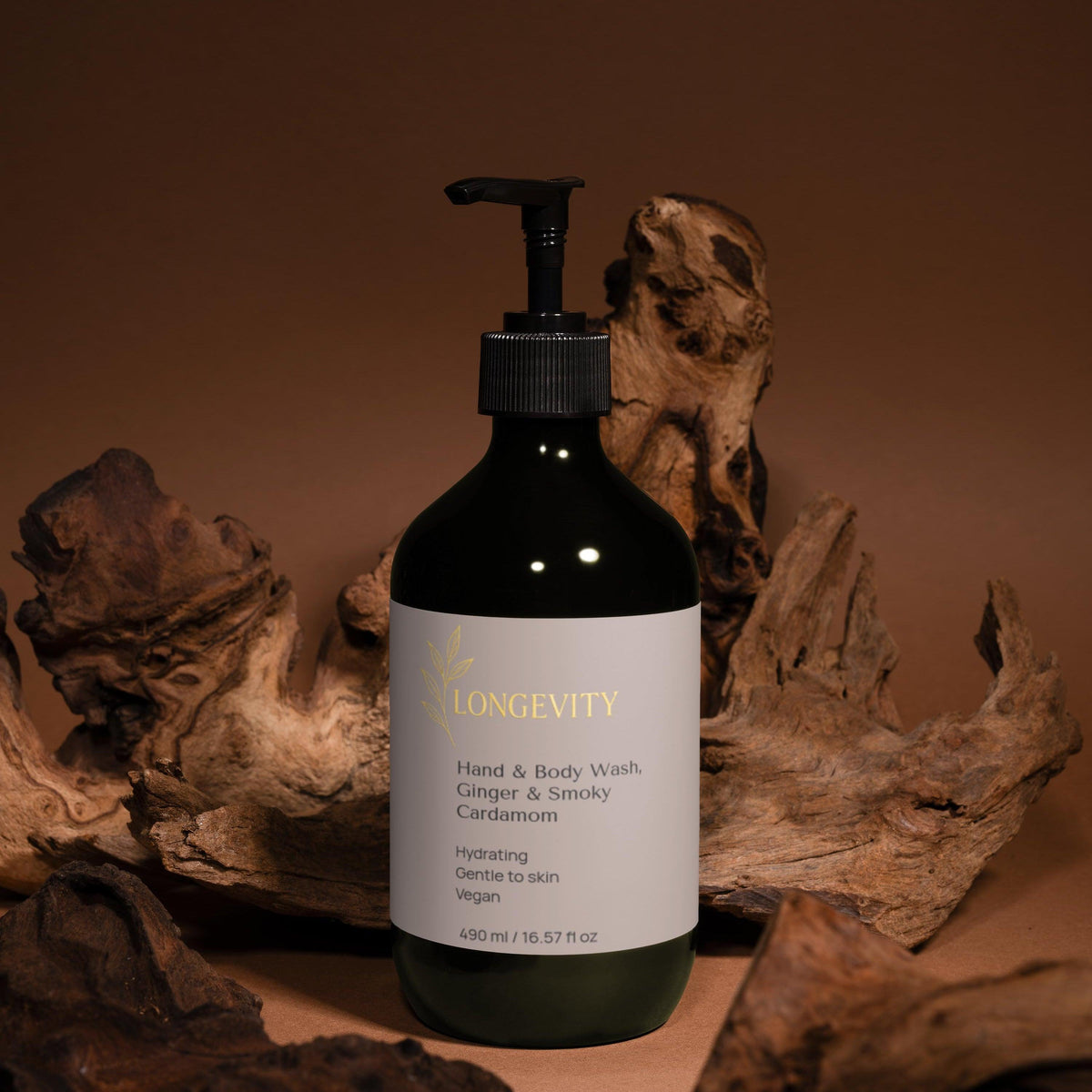 SelfNamed Longevity Hand and Body Wash with ginger and smoky cardamom, showing the 490ml bottle with botanical ingredients.