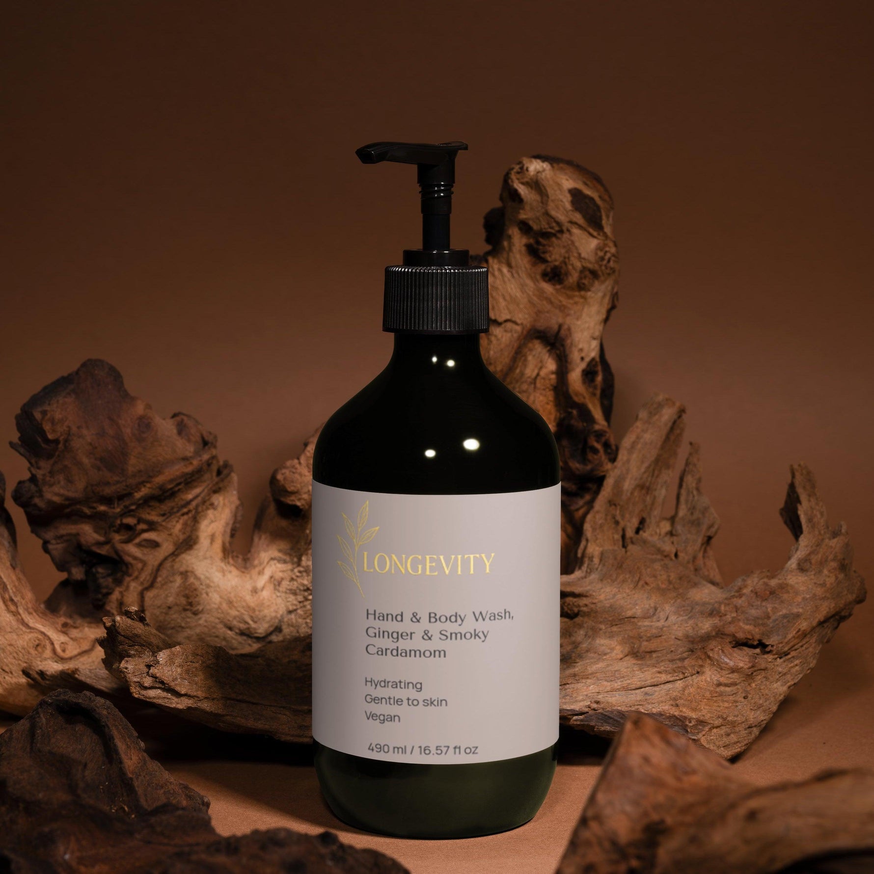 SelfNamed Longevity Hand and Body Wash with ginger and smoky cardamom, showing the 490ml bottle with botanical ingredients.