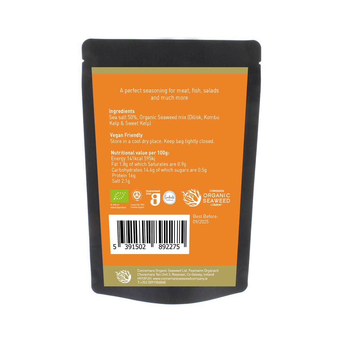 Old Products Connemara BIO seasoning powder in a 50g container, shown from the back, featuring natural herbal ingredients.