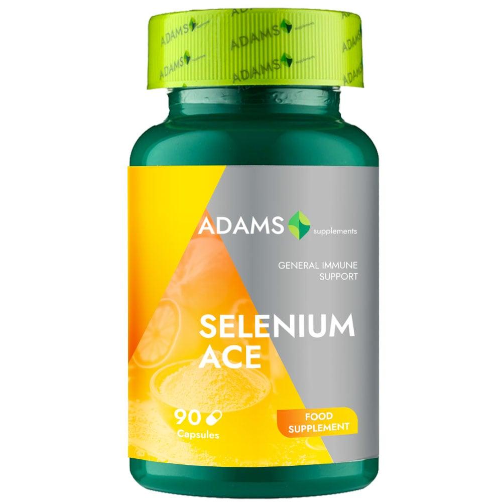 Adams Supplements Selenium ACE supplement bottle with 90 capsules, featuring labels and product branding.