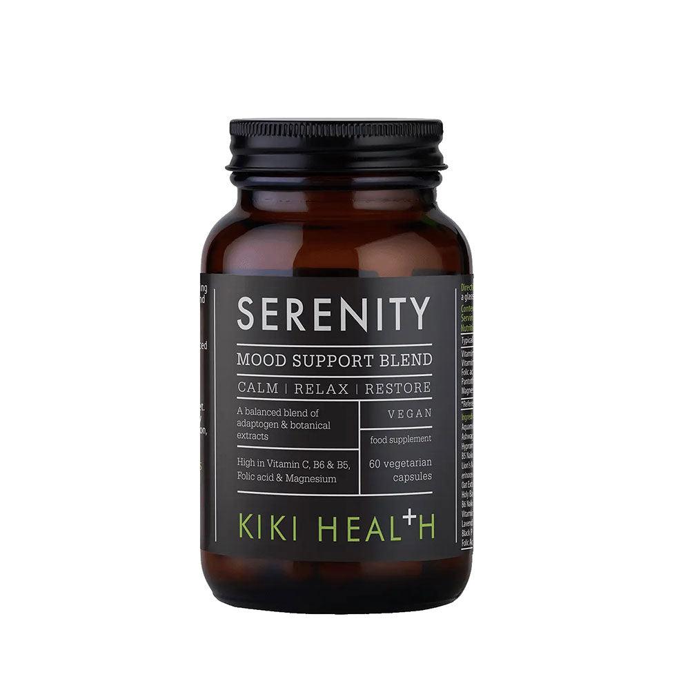 Kiki Health Serenity Mood Support Blend in 60 vegan capsules, herbal supplement for relaxation and emotional balance.