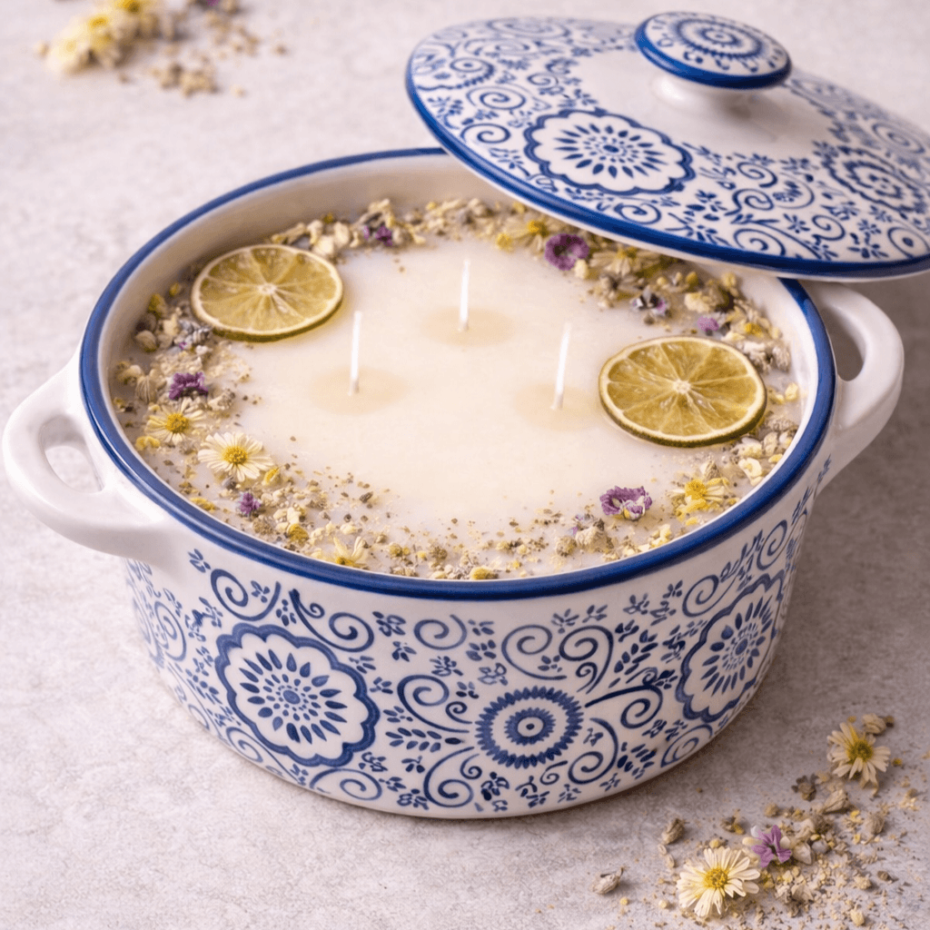 Velarte Mediterranean Bloom ceramic candle with floral design, featuring a white ceramic holder and a lit candle inside.