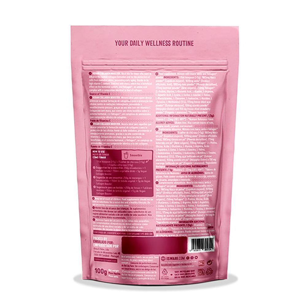 Herbalistas Iswari BIO Vegan Collagen Booster supplement in 100g packaging, featuring natural ingredients on the product label.
