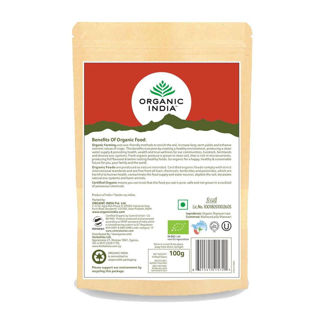 Organic India BIO Shatavari Powder in a 100g package, showing the herbal powder and packaging details.