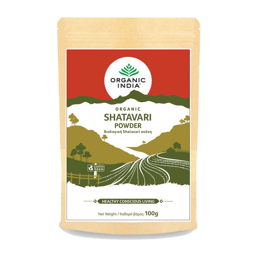 Organic India BIO Shatavari Powder in 100g package, showing the front of the herbal product container.
