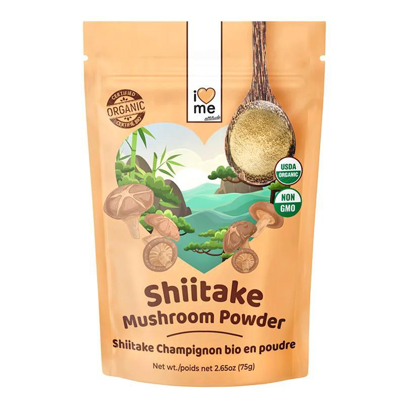 Organic I LOVE ME Shiitake mushroom powder in a 75g package, showcasing the earthy, finely ground mushroom product.