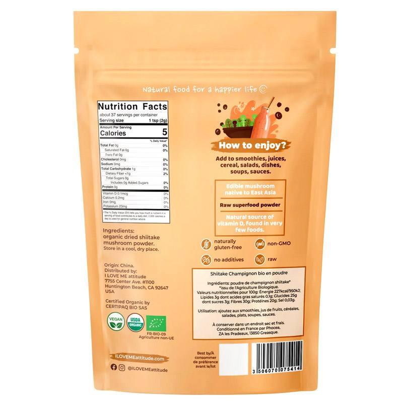 Organic I LOVE ME Shiitake mushroom powder in a 75g package, showcasing the finely ground organic mushroom product.