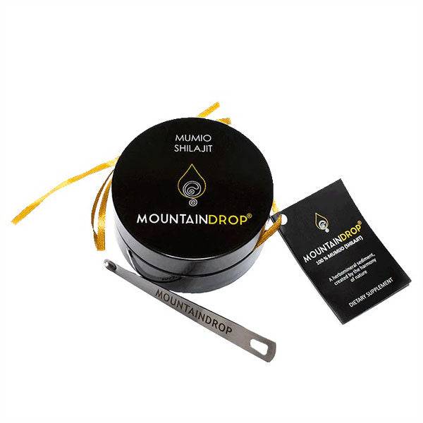 Herbalistas MountainDrop 100% pure natural Mumijo Shilajit resin in a 25g jar showing dark, sticky resin substance.