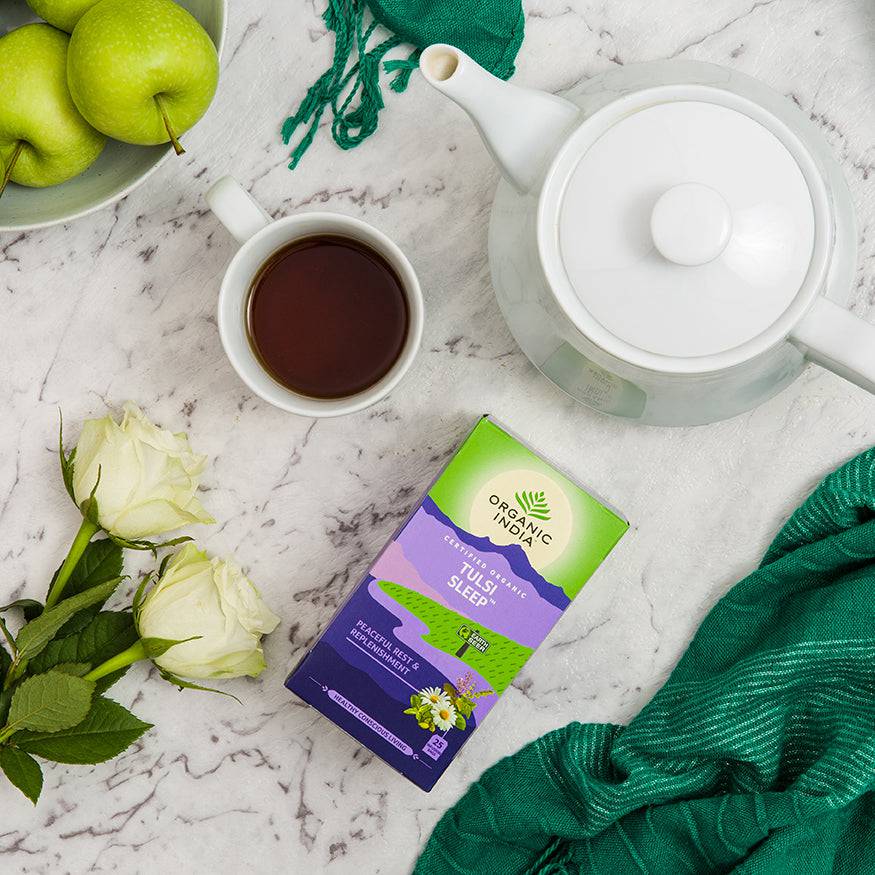 Organic India BIO Tulsi Tea Sleep herbal tea in a box with 25 infusion bags, caffeine-free, natural sleep aid by Herbalistas.