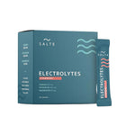 Herbalistas Salte Performance Electrolytes supplement in strawberry flavor, 30 sachets, with a close-up of the sachets and packaging.