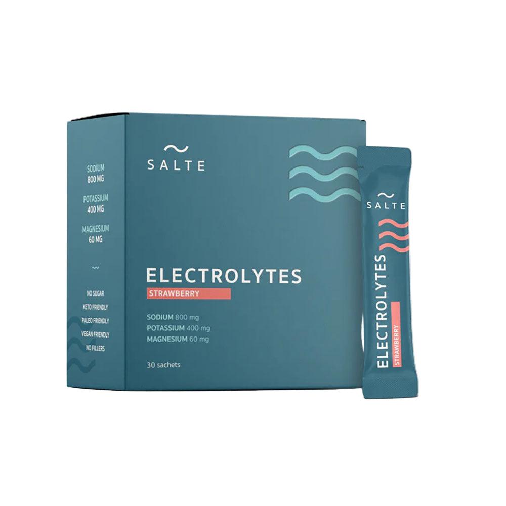 Herbalistas Salte Performance Electrolytes supplement in strawberry flavor, 30 sachets, with a close-up of the sachets and packaging.