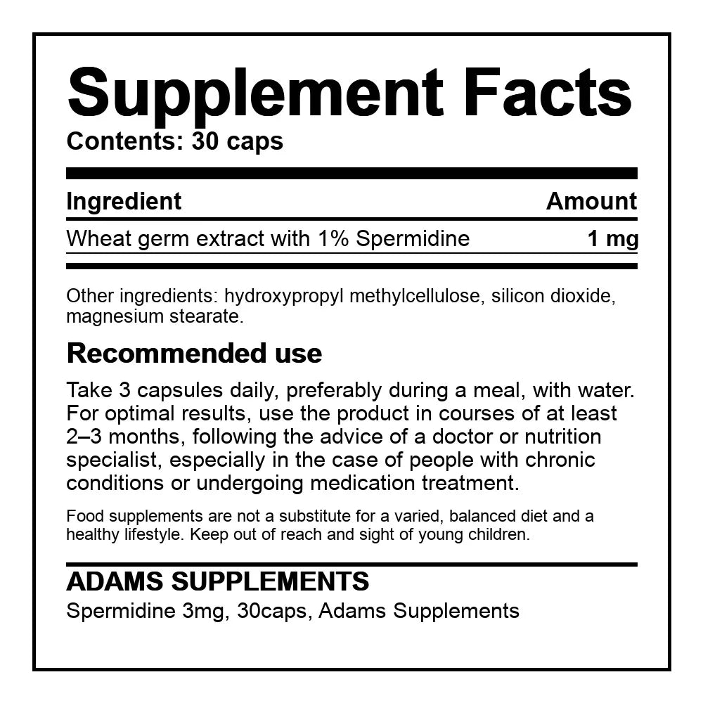 Adams Supplements Spermidine 3 mg capsules, 30-count supplement bottle, showing the product packaging and capsules.