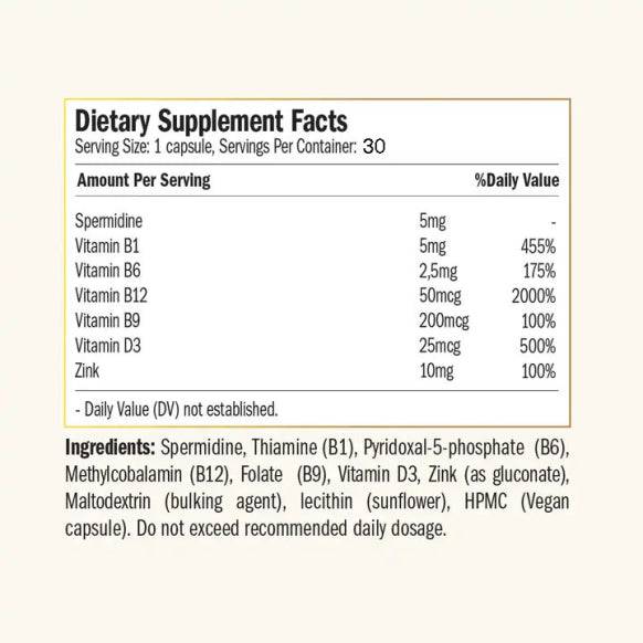Liposomal Spermidine Fusion supplement by Herbalistas, 30 vegan capsules, showing the product label and supplement facts.