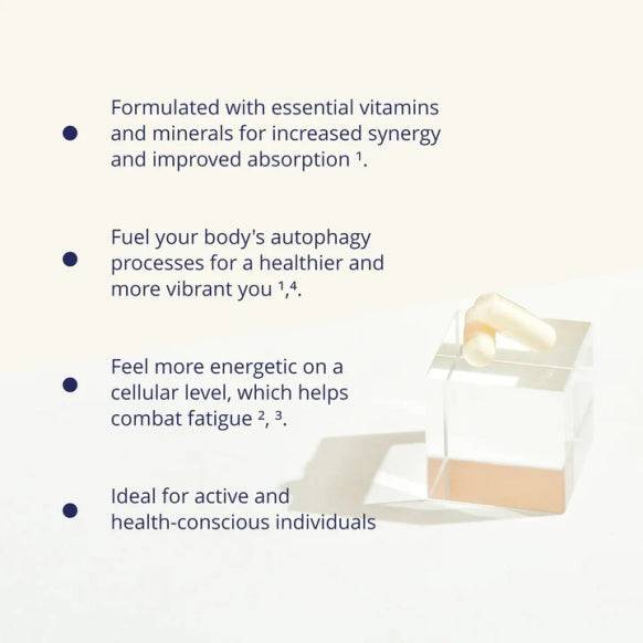 Liposomal Spermidine Fusion supplement by Herbalistas, 30 vegan capsules showing the supplement bottle and capsules.