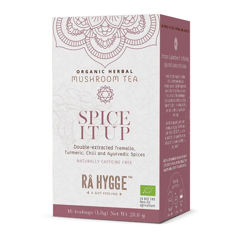 Herbalistas RA Hygge BIO Spice It Up herbal tea with Tremella, 16 bags, featuring colorful spice and tea bag packaging.