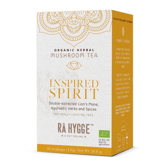 Herbalistas RA Hygge BIO Spirit herbal tea with Lion's Mane in a box of 16 tea bags, featuring a natural, calming design.
