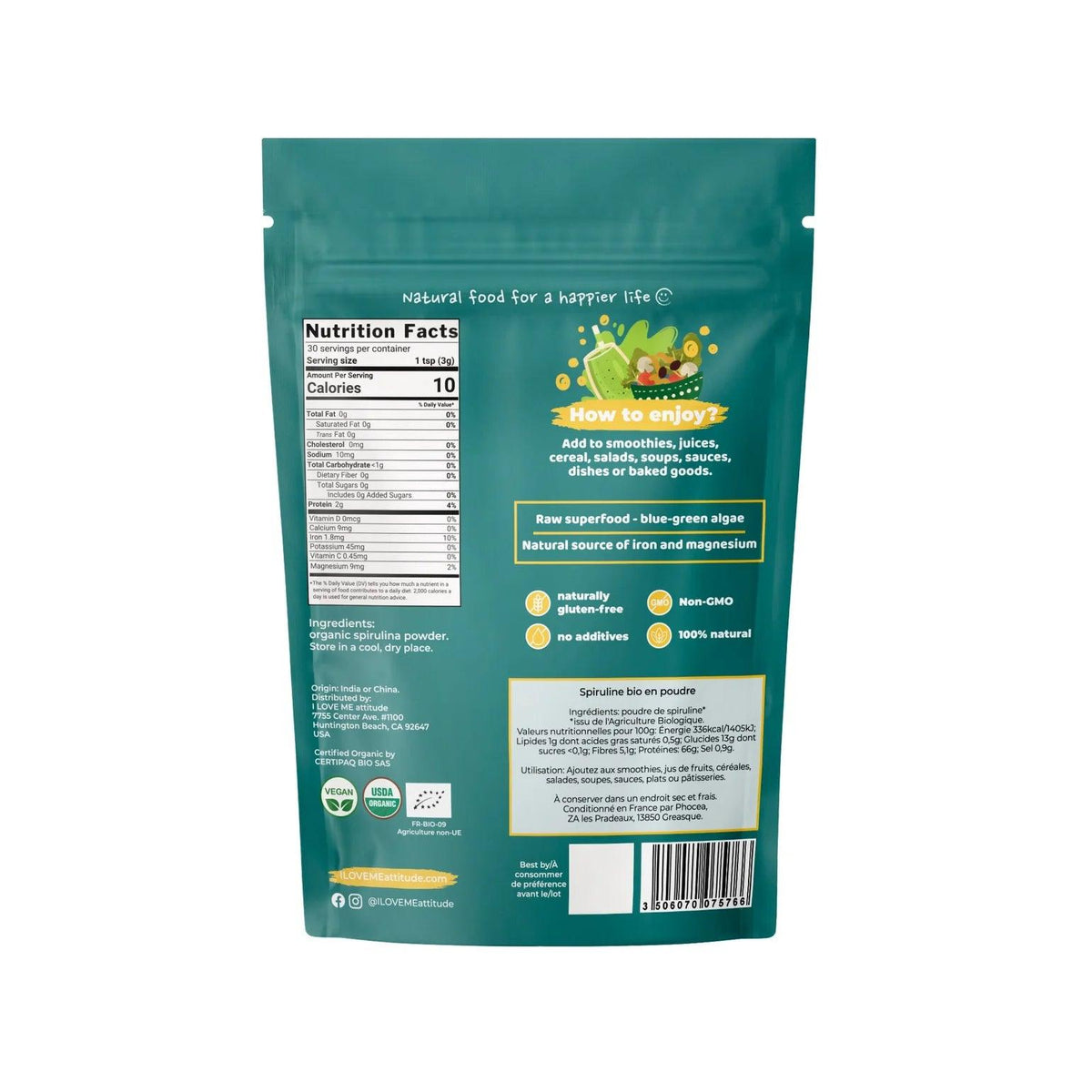 Organic Spirulina Powder by ILOVEME, 90g supplement in a clear jar with green powder visible inside.