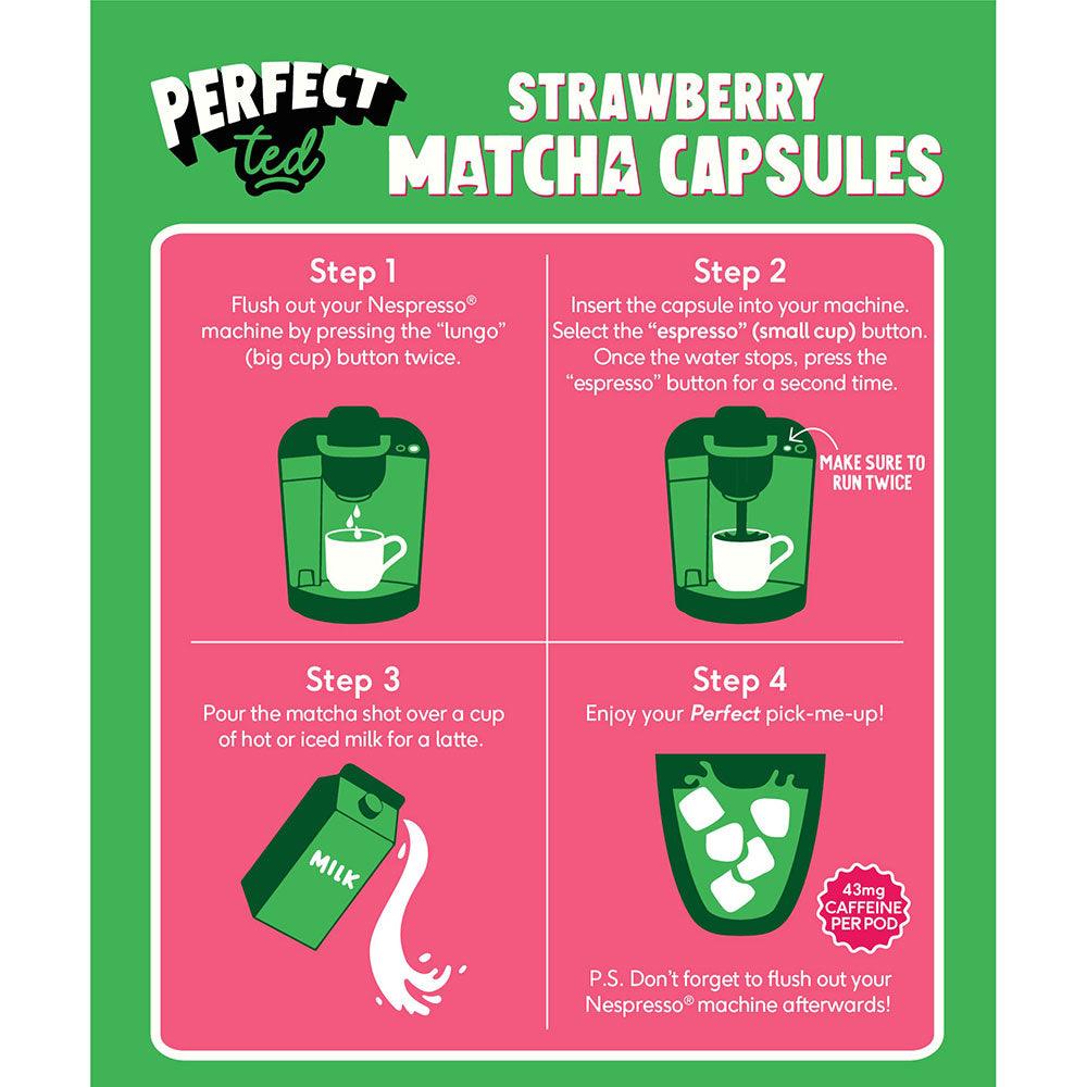 Herbalistas PerfectTed Ceremonial Grade Strawberry Matcha Nespresso-compatible capsules, vibrant green matcha with strawberry flavor.