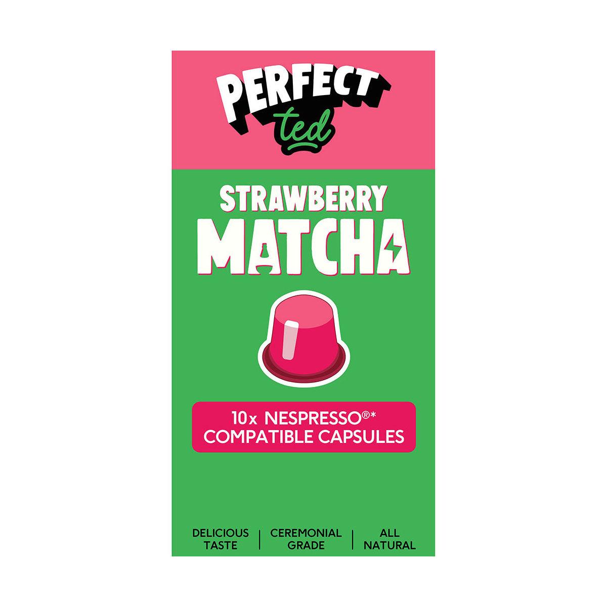 Herbalistas PerfectTed Ceremonial Grade Strawberry Matcha Nespresso capsules, front view showing vibrant green and strawberry flavor.