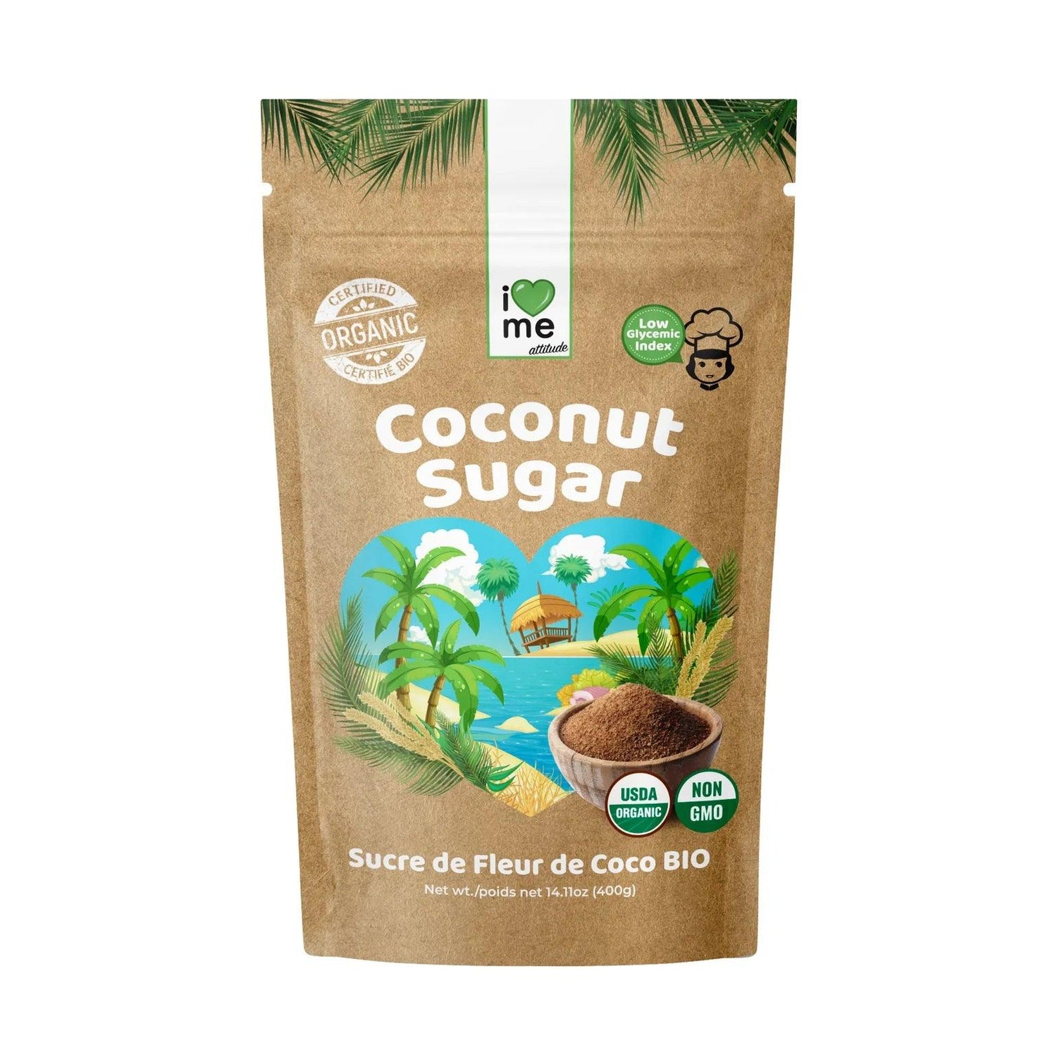 Organic coconut blossom sugar in 400g packaging from ILOVE ME, an energy product with natural, unrefined sweetener.