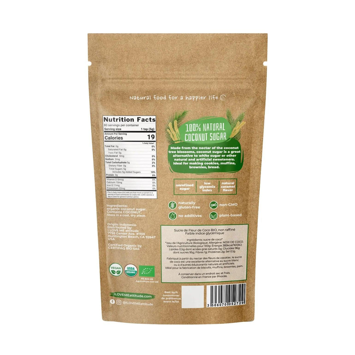 Organic coconut blossom sugar from ILOVE ME, 400g energy product with natural, unrefined brown sugar in a clear package.