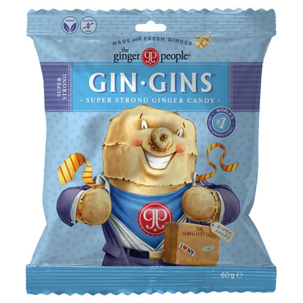 Herbalistas Gin Gins Super Strong Ginger Candy snack in a 60g package featuring fresh ginger candies.